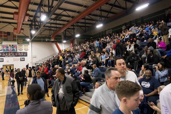 With 47 seconds left on the clock, the crowd starts to leave as they see that Biship Gorman has won the Sunset Regional championship at Shadow Ridge High School on Feb. 18, 2017.