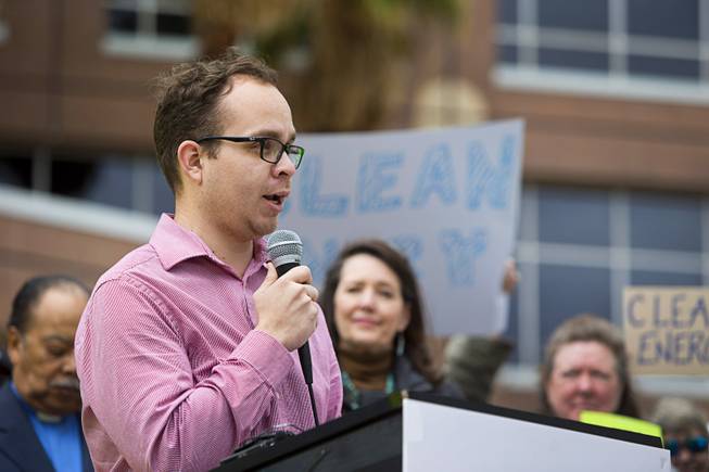 Rudy Zamora, Nevada director of Chispa, speaks during a clean energy rally in front of the Sawyer State Building on Monday, Feb. 20, 2017. Chispa Nevada is a Latino organization that fights climate change and supports clean energy.