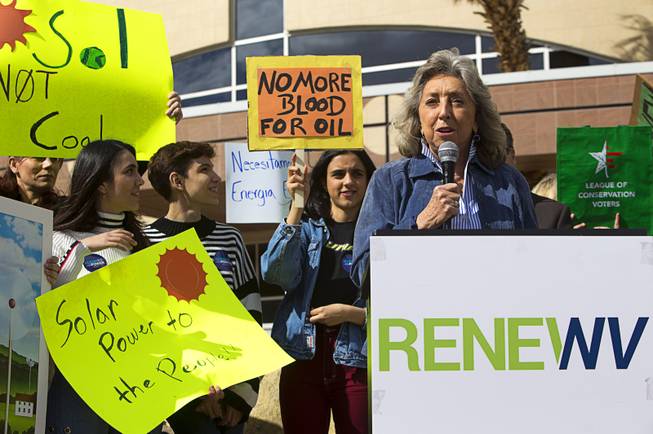 Congresswoman Dina Titus (D-Nev) speaks during a clean energy rally in front of the Sawyer State Building Monday, Feb. 20, 2017. .