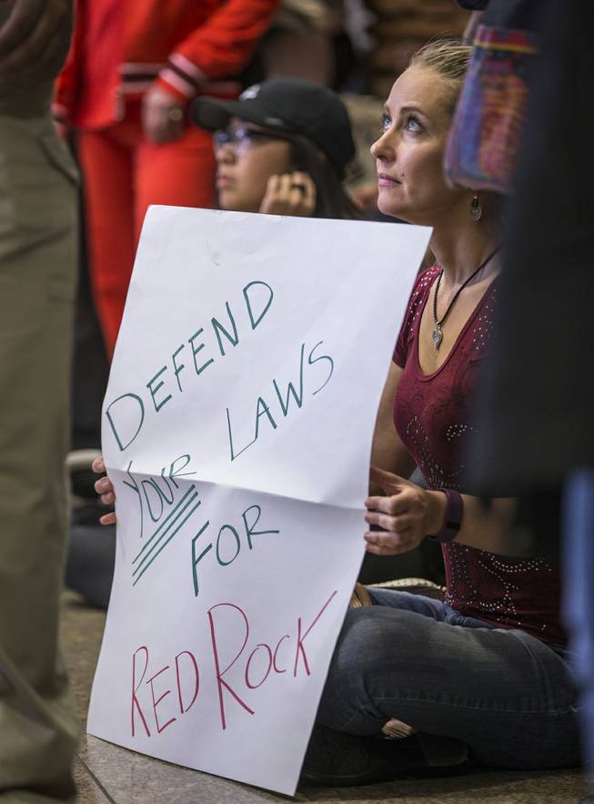 A Save Red Rock supporter watches by telecast in the hallway as the Clark County Commission takes up the Blue Diamond housing project near Red Rock on Wednesday, February 22, 2017.