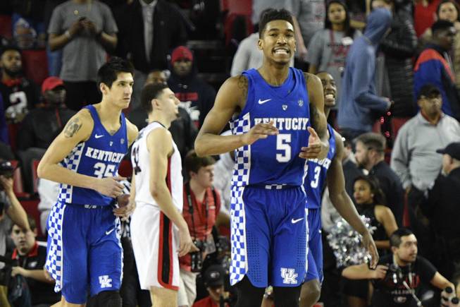 Kentucky guard Malik Monk (5) reacts after the buzzer during an NCAA basketball game against Georgia , Saturday, Feb. 18, 2017, in Athens, Ga. Kentucky won 82-77.