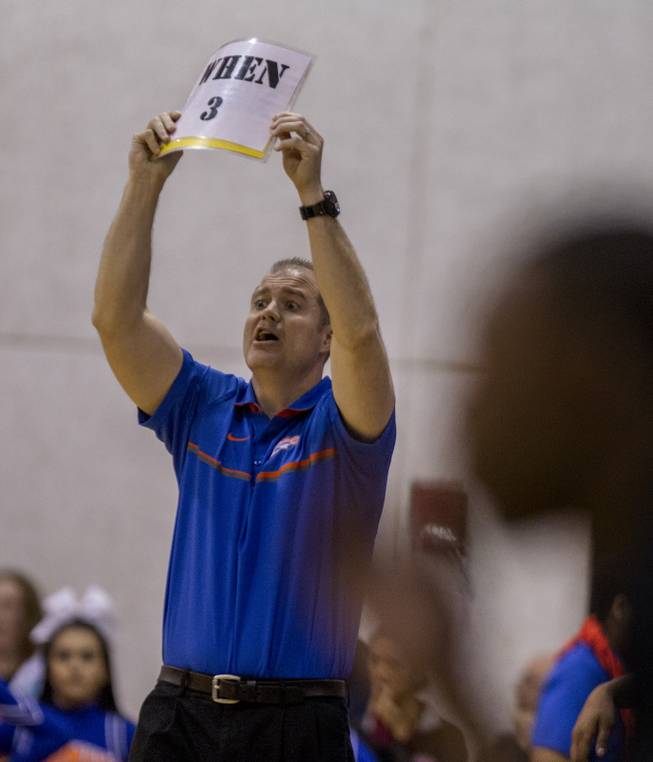 Bishop Gorman head coach Grant Rice relays in a play versus Clark during their state 4A high school championship game at the Cox Pavilion on Friday, February 24, 2017.