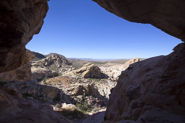 A view from a "tunnel" near the Falling Man rock art site in Gold Butte National Monument Thursday, Feb. 23, 2017.