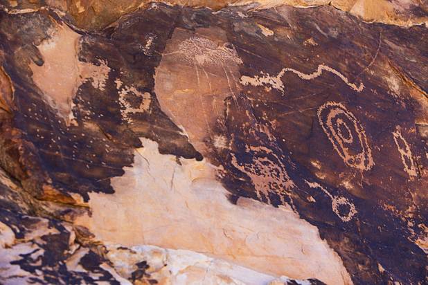 A view of petroglyphs near the Falling Man rock art site in Gold Butte National Monument Thursday, Feb. 23, 2017.