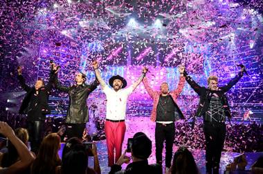 Singers Howie Dorough, from left, Kevin Richardson, AJ McLean, Brian Littrell and Nick Carter of the Backstreet Boys perform during the launch of the group’s residency “Larger Than Life” at The Axis at Planet Hollywood on March 1, 2017, in Las Vegas.