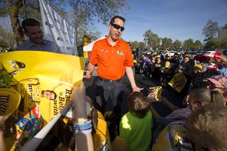 NASCAR driver Kyle Busch signs autographs for fans during an appearance at the Ethel M Chocolates factory in Henderson Thursday, March 9, 2017.