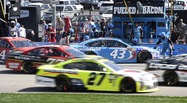 Aric Almirola remains in the pit as other cars make their way off pit road during the Monster Energy NASCAR Cup Series Kobalt 400 Sunday, March 12, 2017, at the Las Vegas Motor Speedway.