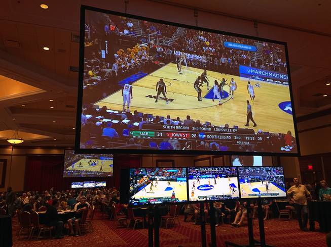 A look at the setup inside the ballroom at the South Point for an NCAA Tournament viewing party in March 2015.