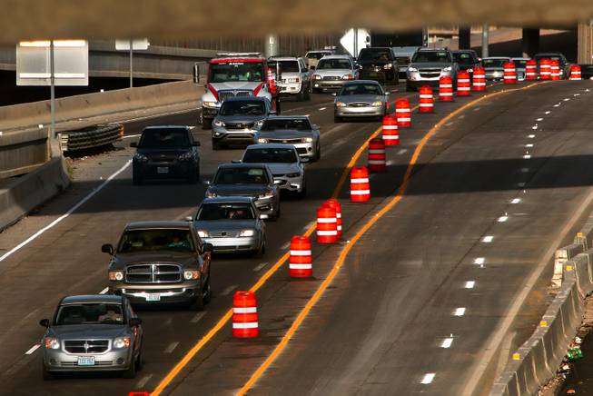 Traffic is constricted by lane closures related to Project Neon, a nearly $1 billion, 4-mile-long widening of Interstate 15 from the U.S. 95 interchange to Sahara Avenue on Tuesday, March 21, 2017. 