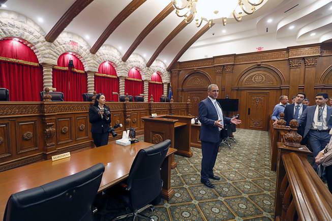 Builder Yohan Lowie, CEO of EHB Companies, talks about features of the courtroom during a tour of the Nevada Supreme Court and Nevada Court of Appeals courthouse in downtown Las Vegas Monday, March 27, 2017.