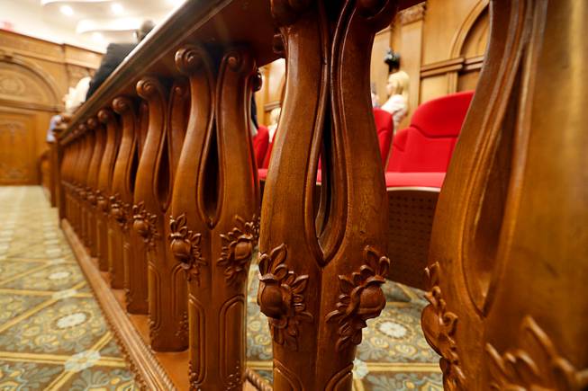 A view of woodwork in the courtroom during a tour of the Nevada Supreme Court and Nevada Court of Appeals courthouse in downtown Las Vegas Monday, March 27, 2017. Although it looks like fancy, custom woodwork, the legs are actually chair legs that have been turned upside down, said Yohan Lowie, CEO of EHB Companies.