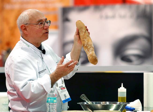 Baker and author Peter Reinhart gives a demonstration during the International Pizza Expo at the Las Vegas Convention Center Tuesday, March 28, 2017.