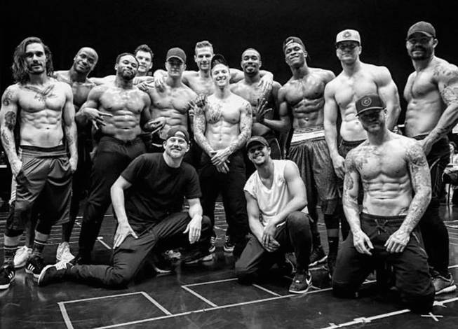 The ab-tastic cast of <em>Magic Mike Live Las Vegas</em> with the man behind it all, Channing Tatum.