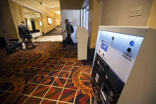 A parking payment machine is shown by the garage elevators in Caesars Palace Thursday, March 30, 2017. 