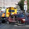 A view of a Ford Taurus sedan after an accident with a a Clark County School District bus on East Sahara Avenue near Lamb Boulevard Monday, April 3, 2017.