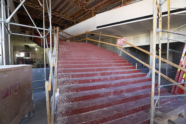 A large staircase leads to the second floor at the entrance of Hospitality Hall, a new facility under construction at UNLV, Tuesday, April 4, 2017. The first floor will include a student-run coffee shop and a PGA Golf Management learning center.