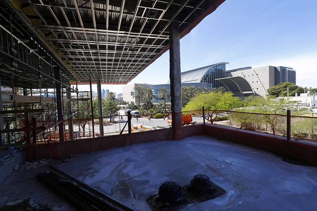 A view of the Lied Library from a patio of Hospitality Hall, a new facility under construction at UNLV, Tuesday, April 4, 2017.