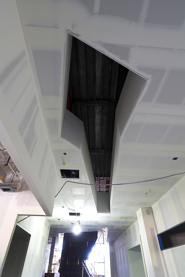 A view looking up from the first floor during a tour of Hospitality Hall, a new facility under construction at UNLV, Tuesday, April 4, 2017.