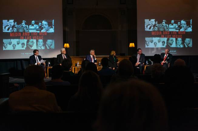 A panel moderated by Geoff Schumacher and includes Bob Stoldal, George Knapp, Linda Faiss, former Nevada Governor Bob Miller, and former Las Vegas Mayor Oscar Goodman called The Media and The Mob was held at the Mob Museum on April 4, 2017.