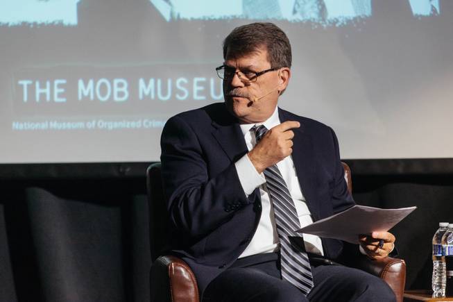 The Museums Senior Director of Content Geoff Schumacher moderates during a panel discussion called The Media and The Mob held at the Mob Museum on April 4, 2017.