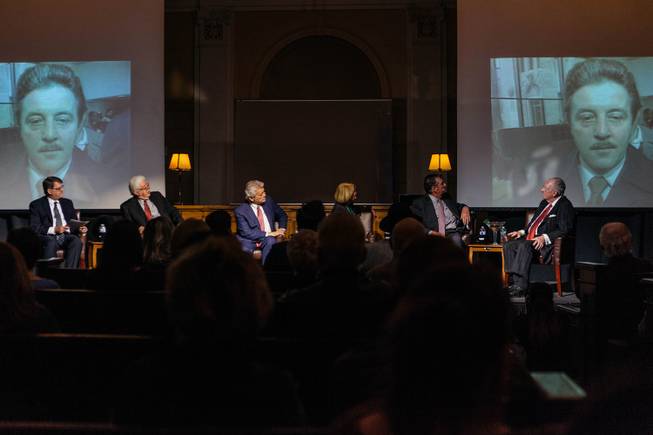 A panel moderated by Geoff Schumacher and includes Bob Stoldal, George Knapp, Linda Faiss, former Nevada Governor Bob Miller, and former Las Vegas Mayor Oscar Goodman called The Media and The Mob was held at the Mob Museum on April 4, 2017.