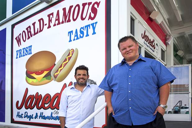 Partners Daniel Kouretas, left, and Jared DeBehnke pose in front of Jared's Old Fashioned Hot Dogs & Hamburgers at Pawn Plaza, 725 Las Vegas Boulevard South, in downtown Las Vegas Tuesday, April 11, 2017.