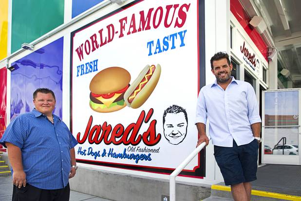Partners Jared DeBehnke, left, and Daniel Kouretas pose in front of Jared's Old Fashioned Hot Dogs & Hamburgers at Pawn Plaza, 725 Las Vegas Boulevard South, in downtown Las Vegas Tuesday, April 11, 2017.