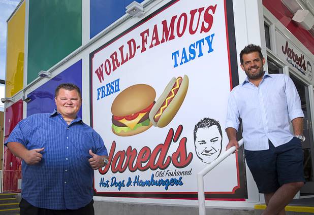 Partners Jared DeBehnke, left, and Daniel Kouretas pose in front of Jared's Old Fashioned Hot Dogs & Hamburgers at Pawn Plaza, 725 Las Vegas Boulevard South, in downtown Las Vegas Tuesday, April 11, 2017.