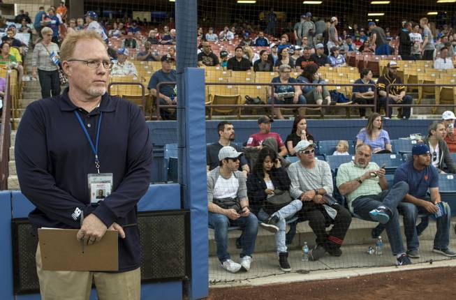 Gary Arlitz is the game-day promotion coordinator during the Las Vegas 51s games like here at their home opener versus the Fresno Grizzlies at Cashman Field on Tuesday, April 11, 2017.