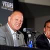 Vegas Golden Knights head coach Gerard Gallant responds to a question during a news conference at T-Mobile Arena Thursday April 13, 2017. General manager George McPhee listens at right.