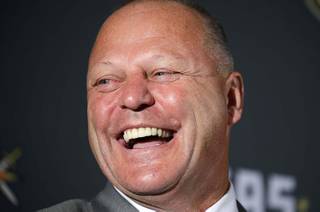 Gerard Gallant laughs during a news conference Thursday, April 13, 2017, in Las Vegas. The Vegas Golden Knights have hired Gallant as the first coach of the NHL expansion team.