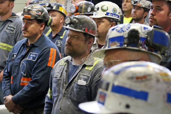 A group of coal miners listen to U.S. Environmental Protection Agency Administrator Scott Pruitt during his visit to Consol Pennsylvania Coal Company's Harvey Mine in Sycamore, Pa., April 13.