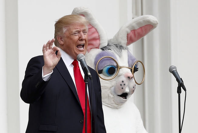 President Donald Trump, joined by the Easter Bunny, speaks from ...
