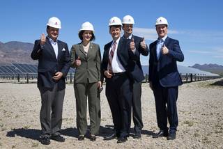 Executives and politicians pose during a dedication ceremony for the SunPower Boulder Solar 1 Facility in Boulder City Tuesday, April 18, 2017. From left: Bob Schaffeld, senior vice president and chief commercial officer for Southern Power, Sen. Catherine Cortez Masto (D-Nev), Boulder City Mayor Rod Woodbury, Norm Taffe, senior vice president of Products for SunPower, and Pat Egan, senior vice president of renewable energy and smart infrastructure at NV Energy.