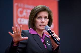 Sen. Catherine Cortez Masto (D-Nev) responds to a question during a town hall meeting at Las Vegas City Council Chambers Tuesday, April 18, 2017.