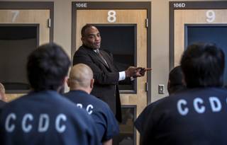 Jon Ponder with Hope for Prisoners speaks to inmates about his rocky path and eventual success at the Clark County Detention Center on Friday, April 14, 2017.