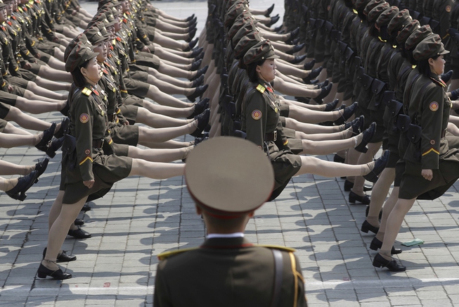 North Korean women soldiers take part in a military parade ...