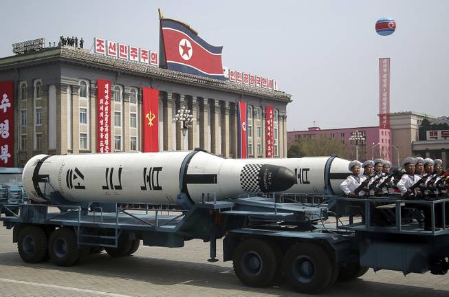 A submarine-launched ballistic missile is displayed in Kim Il Sung Square during a military parade on Saturday, April 15, 2017, in Pyongyang, North Korea, to celebrate the 105th birth anniversary of Kim Il Sung, the country's late founder and grandfather of current ruler Kim Jong Un.