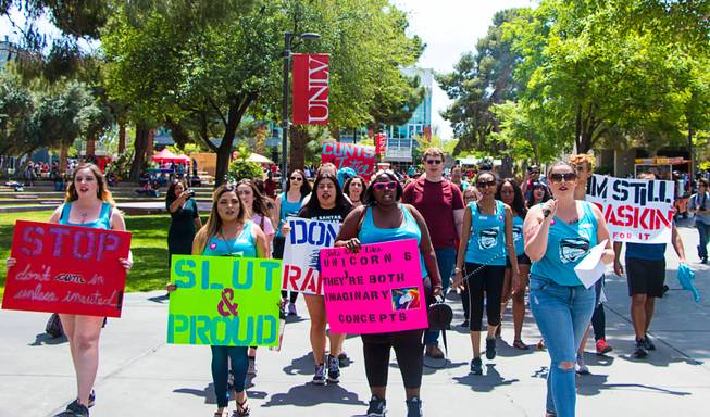 Students participate in the SlutWalk at UNLV April 26, 2017. The event intended to bring awareness to students about sexual assault prevention. 