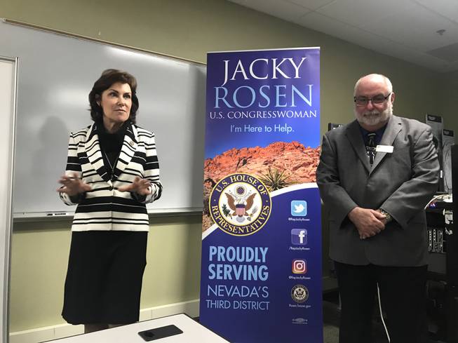 U.S. Rep. Jacky Rosen, D-Nev., and Michael Spangler, dean of the School of Advanced & Applied Technologies at CSN, host a roundtable with students to discuss opportunities in STEM on Friday, May 12, 2017.