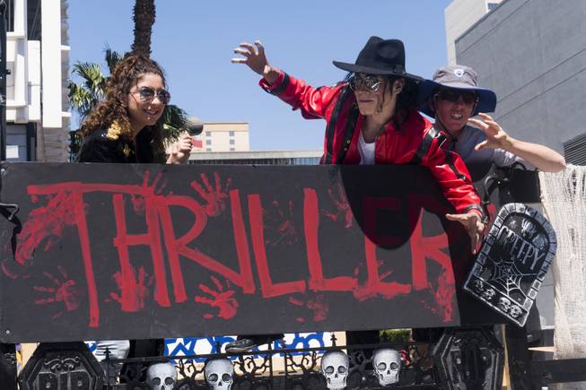 A Michael Jackson Thriller float passes by during the Helldorado parade, Saturday, May 13, 2017.