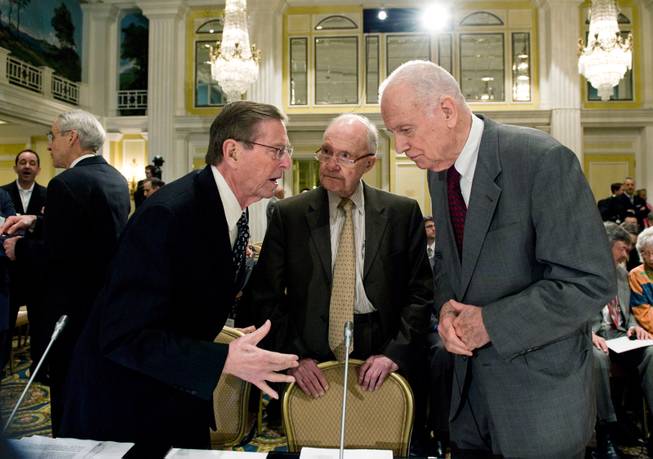 Lee Hamilton, right, and Brent Scowcroft, center, co-chairs, Blue Ribbon Commission on America's Nuclear Future Agenda, talk with former New Mexico Sen. Pete Domenici, Thursday, March 25, 2010, during the group's meeting in Washington.

