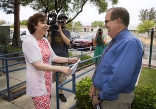 Congresswoman Jacky Rosen (D-Nev) is greeted by Michel Mullin, founder and CEO of Nevada HAND, before a tour of the Pacific Pines Senior Apartments, a Nevada HAND housing complex, in Henderson Wednesday, May 31, 2017. Rosen is advocating for full funding of housing assistance programs in the 2018 budget.