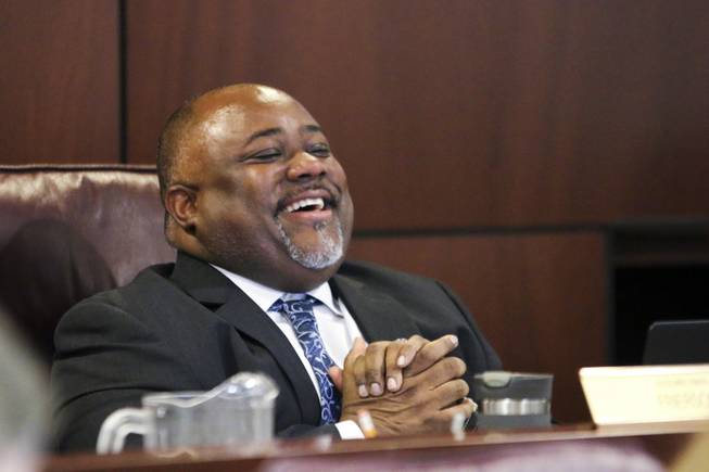 Speaker of the Nevada Assembly Jason Frierson, D-Las Vegas, reacts to a joke during an Assembly Ways and Means Committee hearing in Carson City on Friday, June 2, 2017.