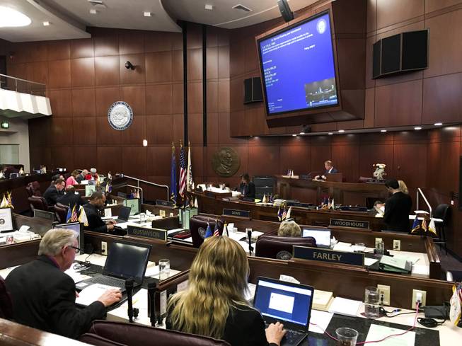 Members of the Nevada Senate convene a session in the Senate Chambers in Carson City on Friday June 2, 2017.