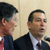 OneWest President and CEO Joseph Otting speaks at a public meeting at the Los Angeles branch of the Federal Reserve Bank of San Francisco, Thursday, Feb. 26, 2015. CIT Group Chairman and CEO John Thain is shown at left. Otting was nominated to head a Treasury Department agency that is the chief overseer for federally chartered banks. 