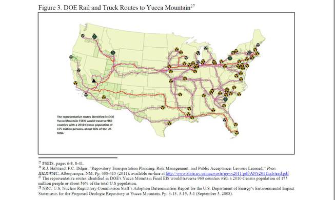 This map, provided to the Sun by the staff of Sen. Dean Heller, R-Nev., shows transportation routes for 70,000 metric tons of high-level nuclear waste to the proposed Yuccca Mountain national dumping site. The map was created by the Nevada Commission on Nuclear Projects.