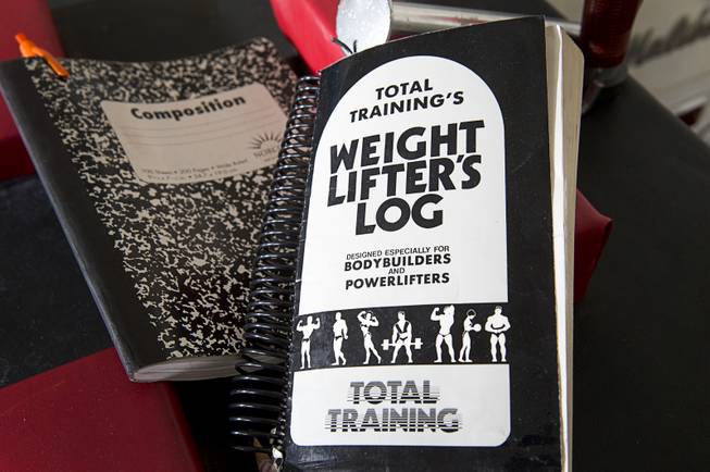 Jeff Alexander's log and notes are shown in his garage gym Sunday, June 11, 2017. Alexander is training for the World Armwrestling League Amateur Championships being held June 30 at the House of Blues in Mandalay Bay.