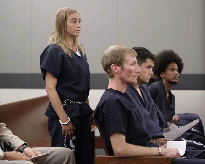 Elizabeth Odell-Quate, left, appears in court Monday, June 12, 2017, in Las Vegas. Odell-Quate is accused in Illinois of concealing the death of a child whose body was found in the garage of an abandoned St. Louis-area house.
