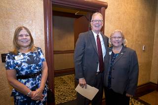 Outgoing Henderson Mayor Andy Hafen poses with Darlene Magoski, left, and Laura Fairchild during a Henderson Chamber of Commerce networking breakfast at the Fiesta Henderson Tuesday, June 13, 2017.